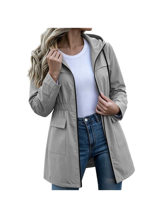Women's Waterproof Hooded Raincoat Long Sleeve Cinched Waist Midi Windbreaker Rain Jacket with Pockets for Outdoor