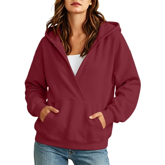 DISKEBUISS Women's Wrap V Neck Hoodie Long Sleeve Front Kangaroo Pocket Loose Casual Sweatshirt