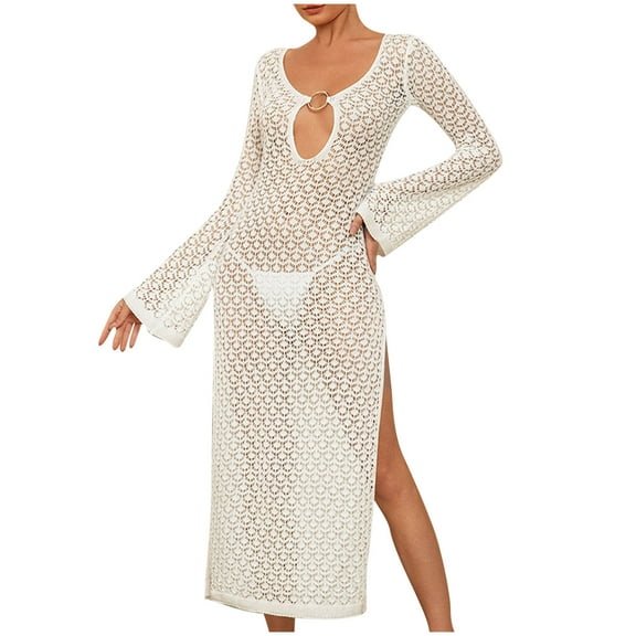 DISKEBUISS Womens Crochet Maxi Dress Mesh Long Sleeve Sexy V Neck Bodycon Swimsuit Cover Up Beach Bikini Coverup Dresses
