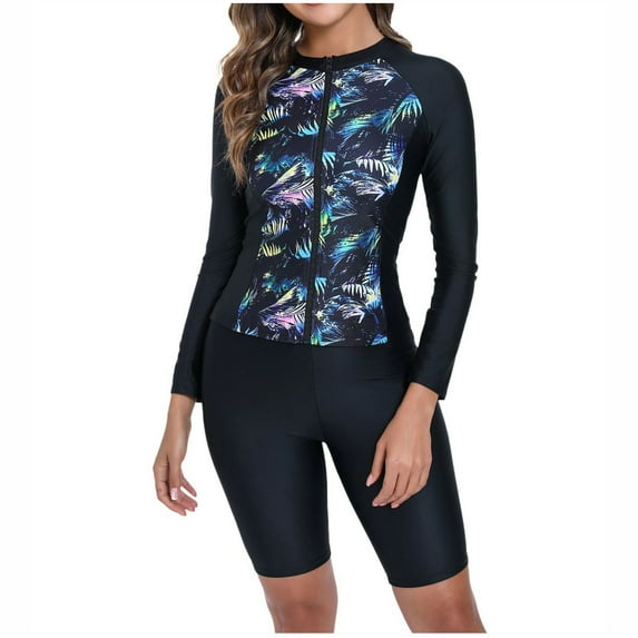DISKEBUISS Womens Rash Guard Long Sleeve Swim Shirts Swimsuit Bathing Suit with Swim Shorts