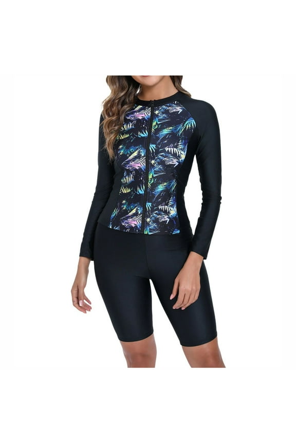 Womens Rash Guard Long Sleeve Swim Shirts Swimsuit Bathing Suit with Swim Shorts