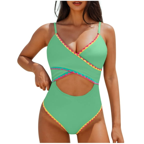 DISKEBUISS Womens Summer Beach Swimsuits Solid Color V Neck Backless Sexy Cut Out Bathing Suits