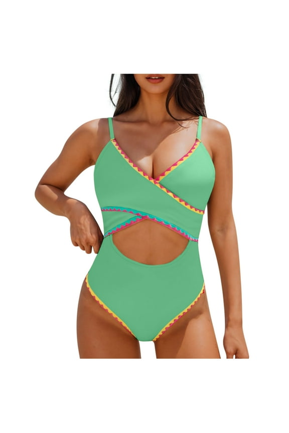 Womens Summer Beach Swimsuits Solid Color V Neck Backless Sexy Cut Out Bathing Suits