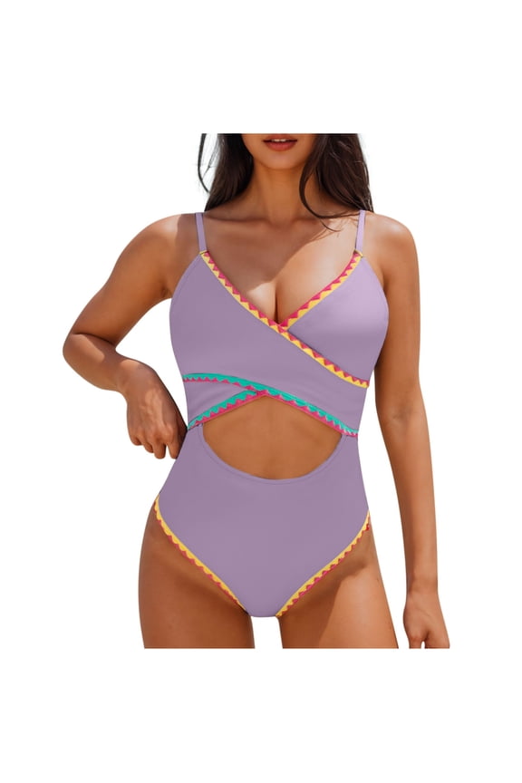 Womens Summer Beach Swimsuits Solid Color V Neck Backless Sexy Cut Out Bathing Suits
