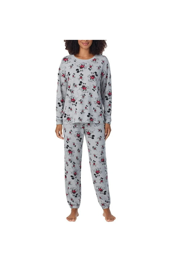 Women's Mickey Mouse 2-Pc Printed Long Sleeve Soft Jersey Pajama Lounge Set (Gray, L)