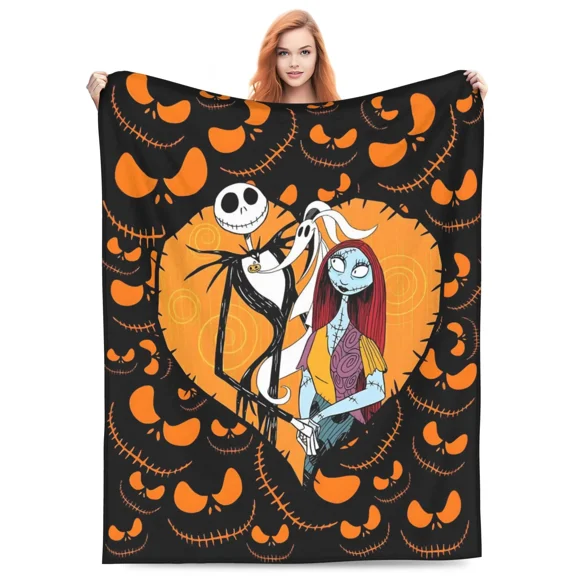 DISNEY CLASSIC Nightmare Before Christmas Jack Sally Zero Heart Pumpkin Throw Blanket, Halloween Skull Pumpkin Stitch Black Orange Background Print, Soft Flannel