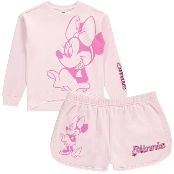 DISNEY Girls Minnie Mouse Crewneck Sweatshirt and Shorts Clothing Set- Little and Big Girl Sizes 4-16, Pink, 6