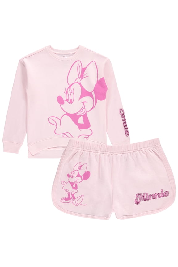 Girls Minnie Mouse Crewneck Sweatshirt and Shorts Clothing Set- Little and Big Girl Sizes 4-16