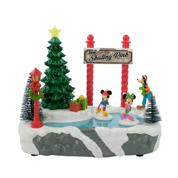 Disney, Animated Skating Rink with Lights and Music Christmas Village Collectable Building, by Ruz, Includes Mickey Mouse, Minnie Mouse and Goofy