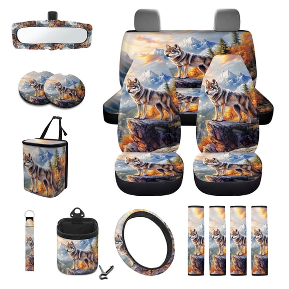 DISNIMO 15 Pcs Car Seat Cover Full Sets for Women and Men, Wolf Printed Front and Rear Bench Seat Protector with Steering Wheel Cover Seat Belt Pads Coaster Keychain, Universal Fits Car Accessories