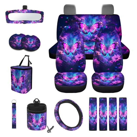 DISNIMO 15 Piece Car Seat Cover Sets, Butterfly Flower Printed High Back Front&Rear Seat Cushion Protector, Steering Wheel Cover Safety Belt Cover Cup Coaste Keychain, Universal Fits for Most Cars