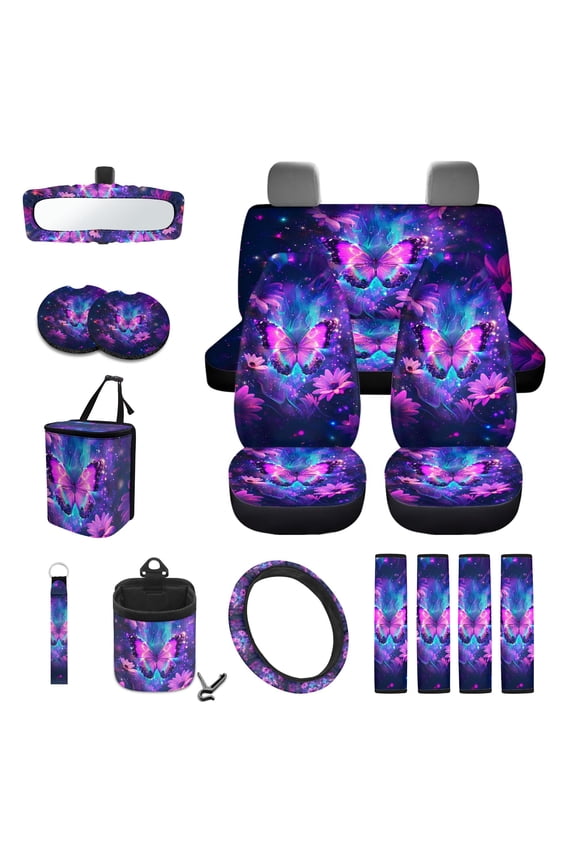 15 Piece Car Seat Cover Sets, Butterfly Flower Printed High Back Front&Rear Seat Cushion Protector, Steering Wheel Cover Safety Belt Cover Cup Coaste Keychain, Universal Fits for Most Cars