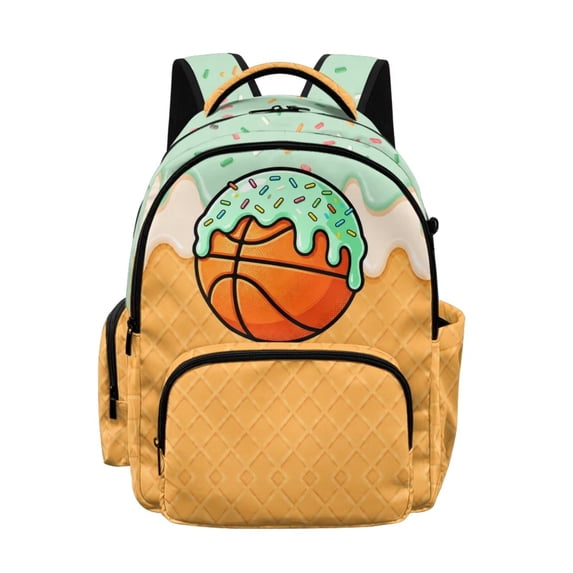 DISNIMO 17 Inch Kids School Backpack Ice Cream Basketball Print Lightweight Large Bookbag with Side Mesh Pockets Front Zipper Pocket for Teens Student Daily Use