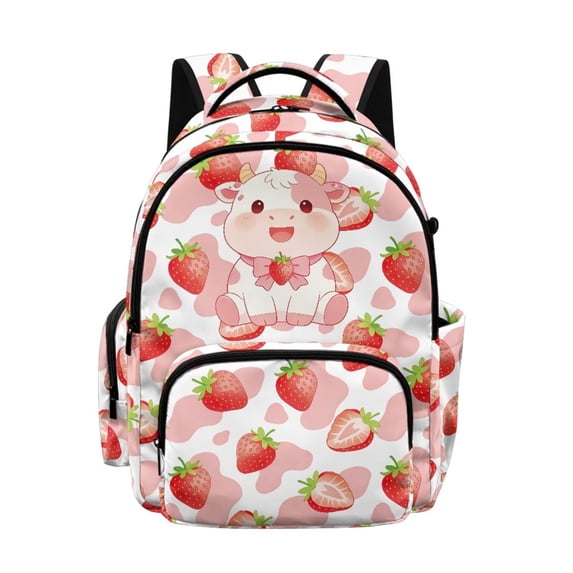 DISNIMO 17 Inch School Backpack for Kids Cow Strawberry Print Lightweight Bookbag with Padded Straps Large Capacity School Backpack for Boys Girls