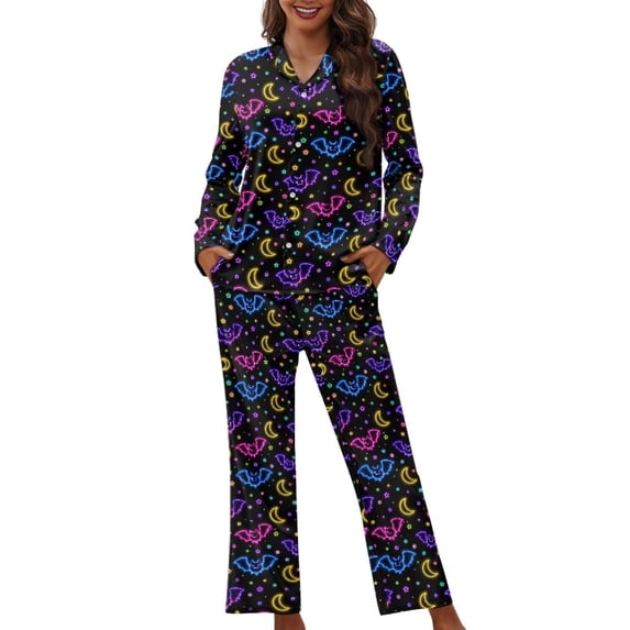 DISNIMO 2 Pack Pajama Sets for Women Bat Moon Printed Button Down Pjs Sets Long Sleeve Top & Long Pants Halloween Pj Lounge Sets with Pockets, 2XL