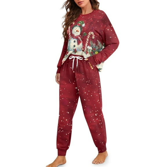 DISNIMO 2 Pack Womens Pajama Sets Snowman Print Long-Sleeve Loungewear Christmas Casual Pjs Sets with Pocket Round Neck Nightwear with Long Pants, Available in Plus Size, S