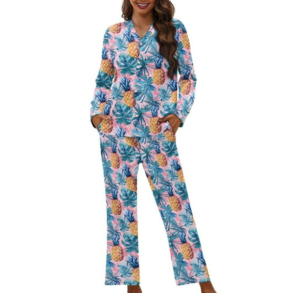 DISNIMO 2 Piece Women Pajama Set Pineapple Monstera Print Long Sleeve Sleepwear with Long Pajama Pant Button Up Nightwear with Pockets V Neck Loungewear, S