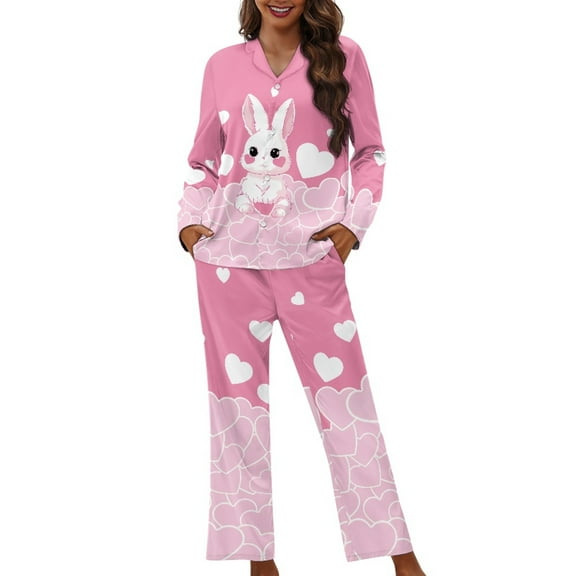 DISNIMO 2 Piece Women's Pajama Sets Rabbit Heart Printed Casual Loose Lounge Set Long Sleeve Top with Long Pajama Pant Set Soft V Neck Sleepwear Nightwear with Pocket, XS