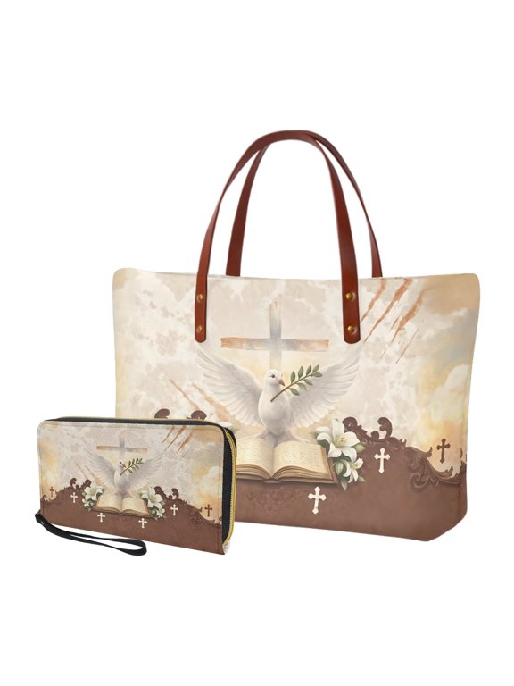 2 Pieces Handbag and Wallet Set Pigeon Cross Lily Print Tote Bag Purse with Wristlet Wallet Lightweight Large Satchel Handbag for Ladies