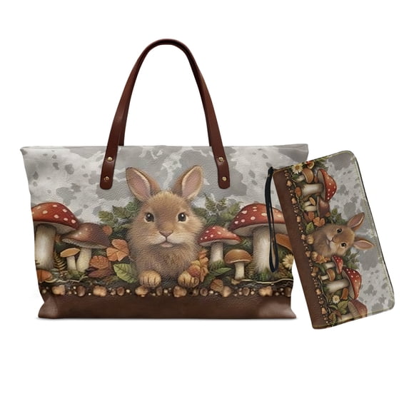 DISNIMO 2Pcs Leather Handbag Set Rabbit Mushroom Print Tote Bag for Women with Matching Wallet Portable Stylish Satchel Handbag
