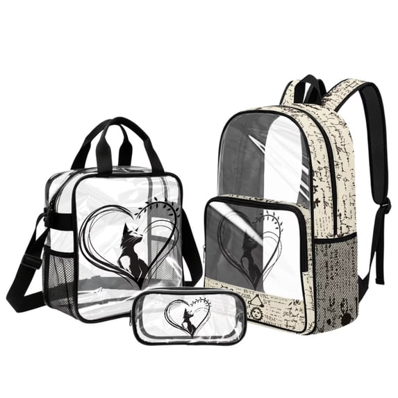 DISNIMO 3 Pcs Clear Backpack for Girls, Cat Heart Print 17 Inch Kids Transparent Backpack and Lunch Bag Set, Heavy Duty See Through Bookbag with Pen Pouch for Students