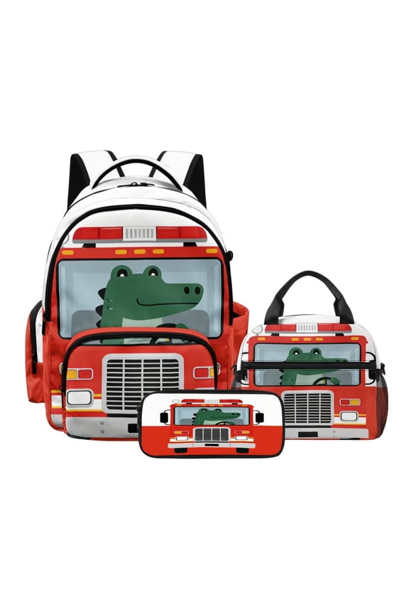 3 Pcs School Backpack with Lunch Box Set, Crocodile Fire Engine Print 17 Inch Elementary Middle High School Bag Pencil Case Set, Large Lightweight Bookbag Travel Daypack