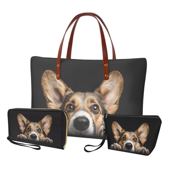 DISNIMO 3D Corgi Print Purses and Handbags for Women Large Tote Handbag with Cosmetic Bag and Wrist Strap Wallet Hobo Purse for Daily Use