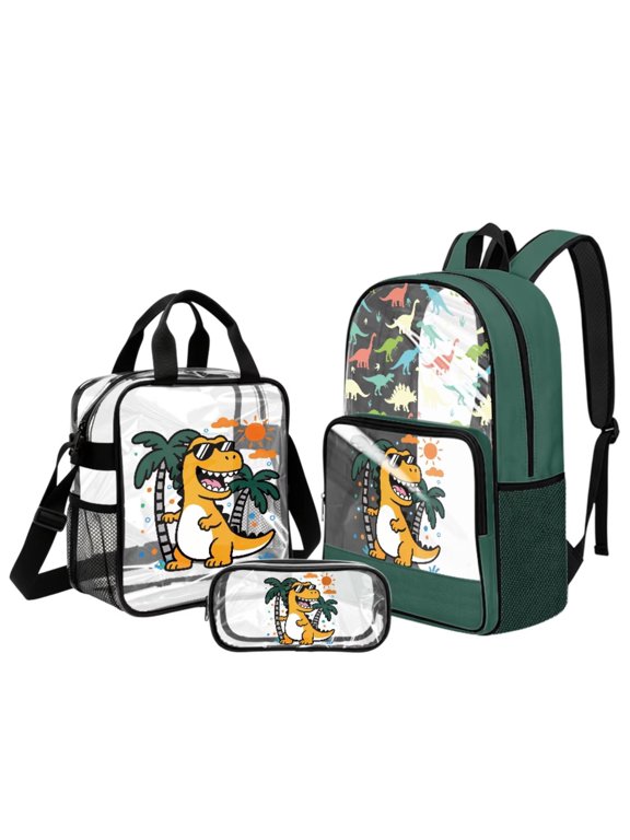 3PCS Clear Backpack for Boys Girls, Cartoon Dinosaur Print See Through School Bag Heavy Duty Large Clear Backpack with Lunch Box and Pen Case, Girls Back to School Supplies