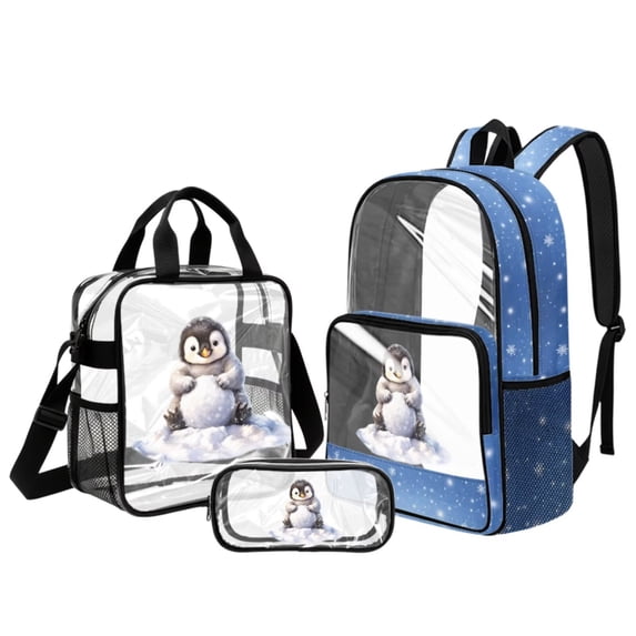 DISNIMO 3PCS Clear Backpack Heavy Duty, Penguin Printed 17 Inch Kids Clear Backpack with Lunch Bag and Pencil Pouch, See Through PVC School Bag for Girls, Large Transparent Bookbag for Student