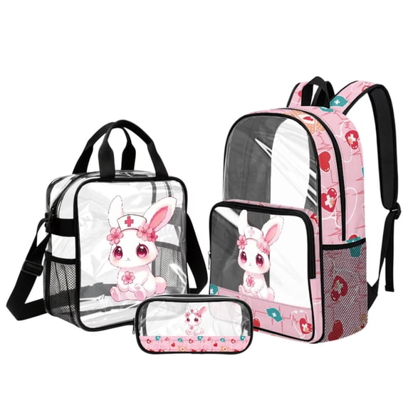 DISNIMO 3PCS Clear Backpack for Kids Girls, Rabbit Heart Printed Heacy Duty Clear Backpack and Lunch Bag Set, See Through PVC Transparent Bookbag with Pencil Pouch for Student