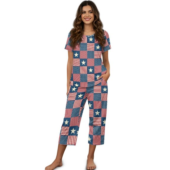 DISNIMO 4th of July Womens Pajama Set, American Flag Printed Lounge Short Sleeve Tops and Capri Pant Pjs Star Printed Sleepwear with Pockets, 4XL
