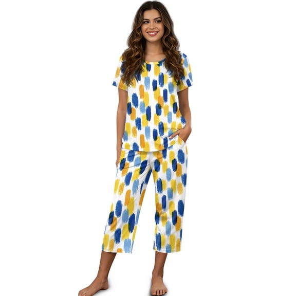 DISNIMO Abstract Geometrical Printed Pajama Set for Women, Soft Sleepwear Short Sleeve Tops and Capri Pant Pjs for Summer, 4XL
