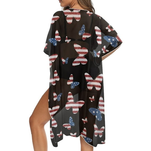 DISNIMO American Flag Butterfly Print Womens Kimono Swimsuit Cover Ups Summer Casual Loose Beach Coverups Open Front Plus Size Swimwear Cover up