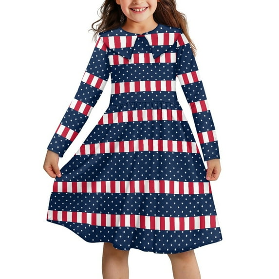 DISNIMO American Flag Dress Girls 3-4 Dresses Children Long Sleeve Dress with Collar for Girls Long Sleeve Stripe Dress Kids Fall Dresses Girl Dresses for Kids Swing Casual Dress Kids
