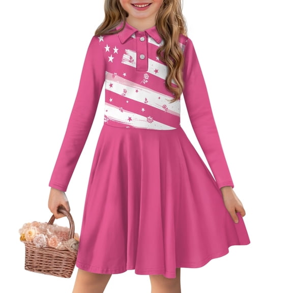DISNIMO American Flag Dress for Girls 9-10 Long Sleeve Dresses for Kids Pink Button Up Dress Kids Casual Midi Dress Girls Swing Dress Teen Twirl Dress Children Soft Girl Skater Dress with Collar