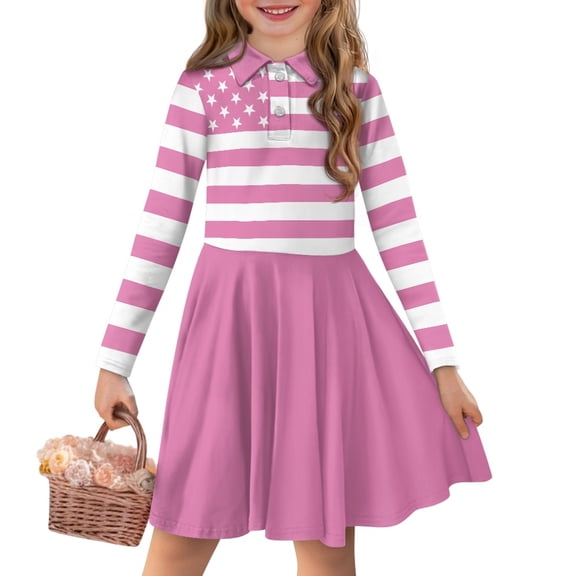 DISNIMO American Flag Dress Girls Long Sleeve Pink Dresses Youth Mini Dress for Teens 13-14 Dresses with Collars for Girls Dresses with Buttons 4Th of July Dress Kids Swing Dress for Children Soft