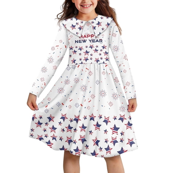 DISNIMO American Flag Dress Kids Long Sleeve Collar Dress Girls Kids Dresses 7-8 Back To School Dress Kids Girl Skater Dress Kids for Church Dresses Girls Casual Midi Dress Girls Star Dress Kids