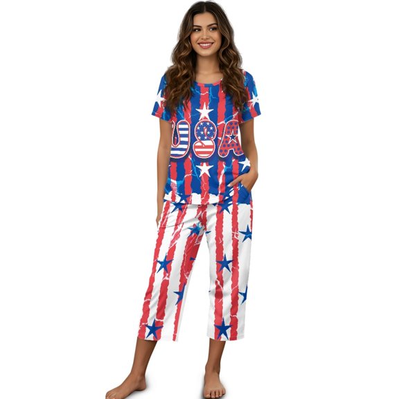 DISNIMO American Flag Printed Pajama Set for Women, Casual Loungewear Soft Sleepwear Round Neck Tops and Capri Pant Pjs for Summer, S