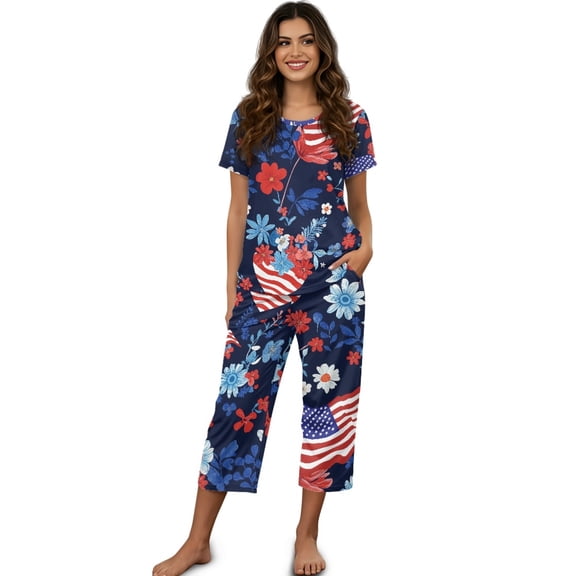 DISNIMO American Flag Printed Women's Short Sleeve Pajama Sets, Flower Printed Sleepwear Soft 2 Piece Pjs Set Summer Tops and Capri Pant, 4XL