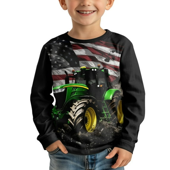 DISNIMO American Flag Tractor Shirt Boys Long Sleeve T Shirts Size 3-4 Boys Clothes Long Sleeve Shirts Soft Tee Shirts Kids Crew Neck Tshirt Boys Fall Tops for s Tshirts Boys Casual Wear