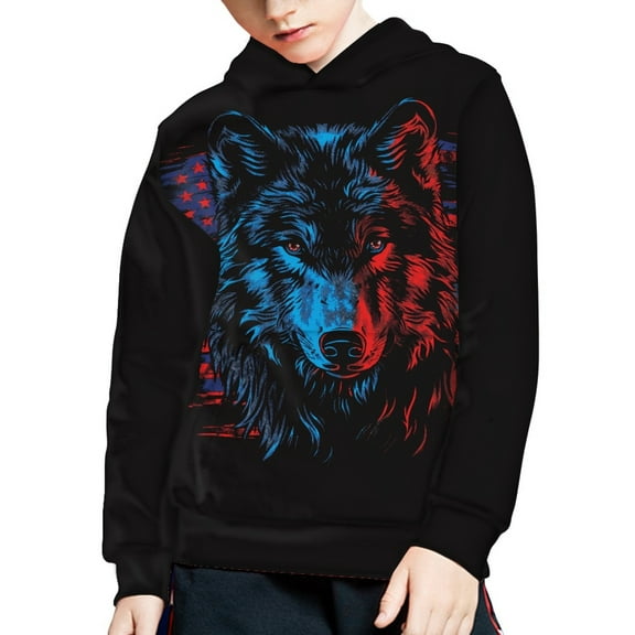 DISNIMO American Flag Wolf Hoodie for Boys Fourth of July Hoodies Fall Girl Hoodies Oversized Hooded Sweatshirt Kids Girls Preppy Teen Hoodie Sweatshirts Size 14-16 Pullover Hoodie Cool Design