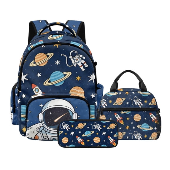 DISNIMO Astronaut Planet Printed Kids Backpack for Boys, 3pcs School Backpack with Lunch Box and Pencil Case Set, Primary Elementary Book Bag Set Boys Back to School Supplies