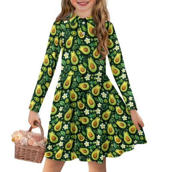 DISNIMO Avocado Dress Kids Flower Dresses Girls 4-5 Long Sleeve Dresses Girl Small Girl Dress Midi Children Skater Dress Girls Swing Dress Kids Fruit Dresses for Girls Sundress for Girls Outfits