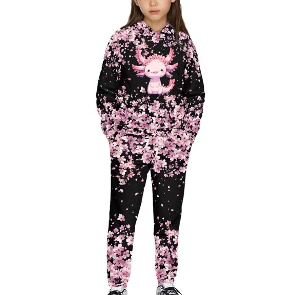DISNIMO Axolotl Cherry Blossom Hoodie Girls Hoodies Set Size 6-7 Girls Clothing Set Kids 2 Piece Outfits Girls Hoodies Pullover Hooded Sweatshirt Kids Hoodie with Pockets Boys Sports Hoodie Sets