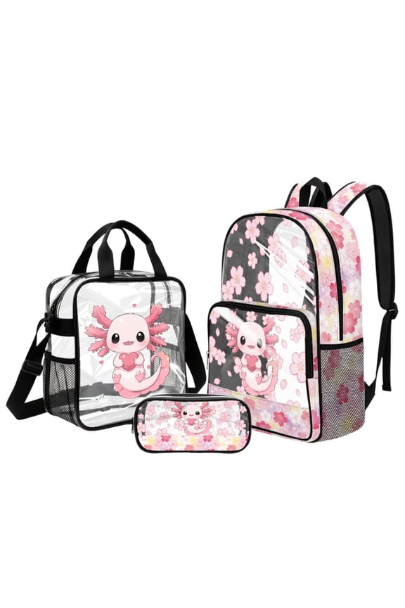 Axolotl Cherry Blossom Print Clear Backpack for Kids Girls, 3 Pcs Clear School Backpack with Lunch Bag and Pencil Bag, 17 Inch Heavy Duty Transparent Bookbag for College Work Gym Sport