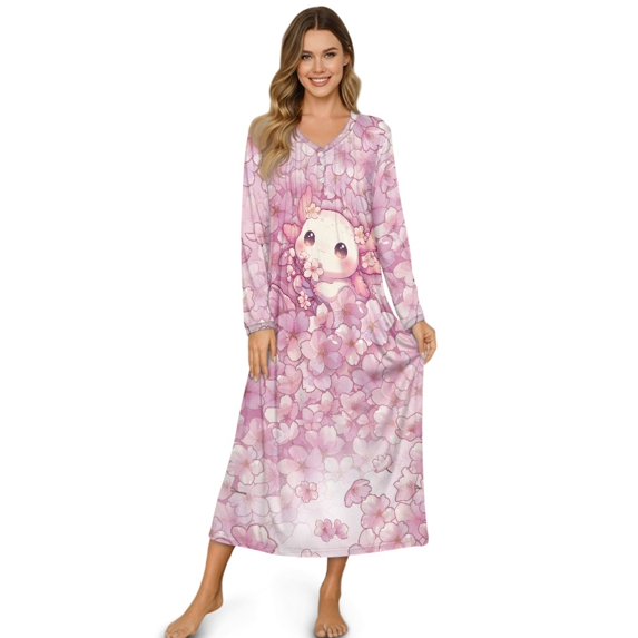 DISNIMO Axolotl Cherry Blossom Printed Women's Long Sleeve Nightgown Full Length Sleepwear V Neck Nightshirts Button Front House Dress Soft Long Sleep Shirts, M