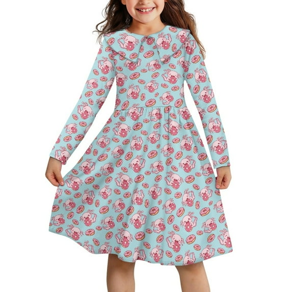 DISNIMO Axolotl Doughnut Dress for Girls 5-6 School Dresses for Kids Girls for Winter Kids Girl Dress with Collar Dresses for Kids Twirl Dress Girls Swing Dance Dress for Children Skater Dress