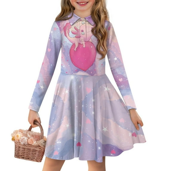 DISNIMO Axolotl Dress for Girls Heart Dress Kids Aniaml Dress Girls Long Sleeve Collar Dress for Kid Girls Swing Dress Fall Skater Dresses for Girls Casual Midi Dress for Children Dress Size 9/10