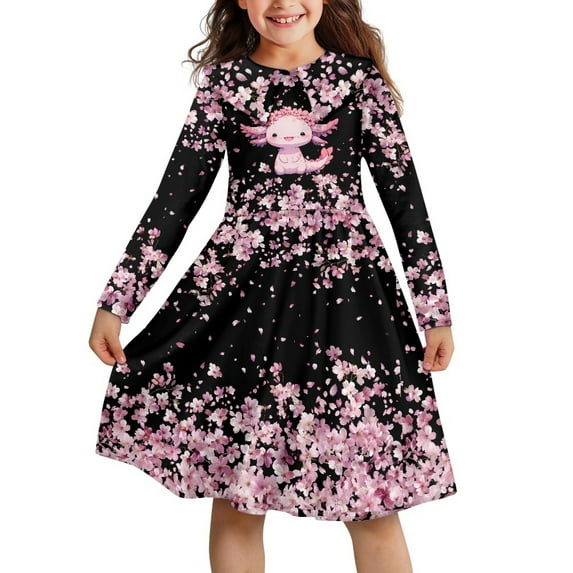 DISNIMO Axolotl Dress for Girls Midi Dress Long Sleeve Kids Dresses School Dance Dresses for Girls Dress Clothes for Girls Age 3-4 Girls Dress Kids Skater Dresses for Girls Cherry Blossom Dress