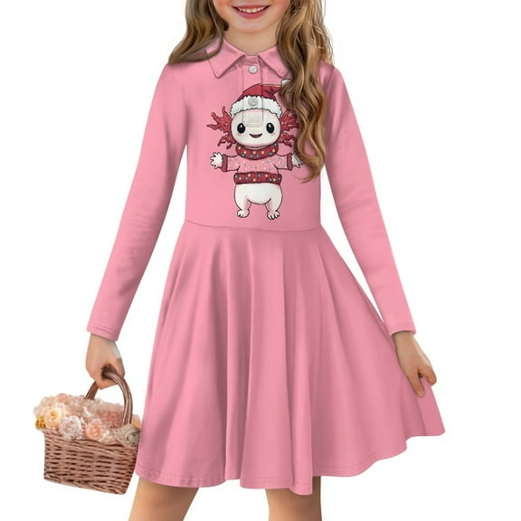 DISNIMO Axolotl Dress for Girls Pink Dresses Long Sleeve Kids Animal Dress Girl 3-4 Years Old Dress with Collar for Girls Middle School Fall Dance Dress Child'S Swing Dress Kids Twirl Dress Girls